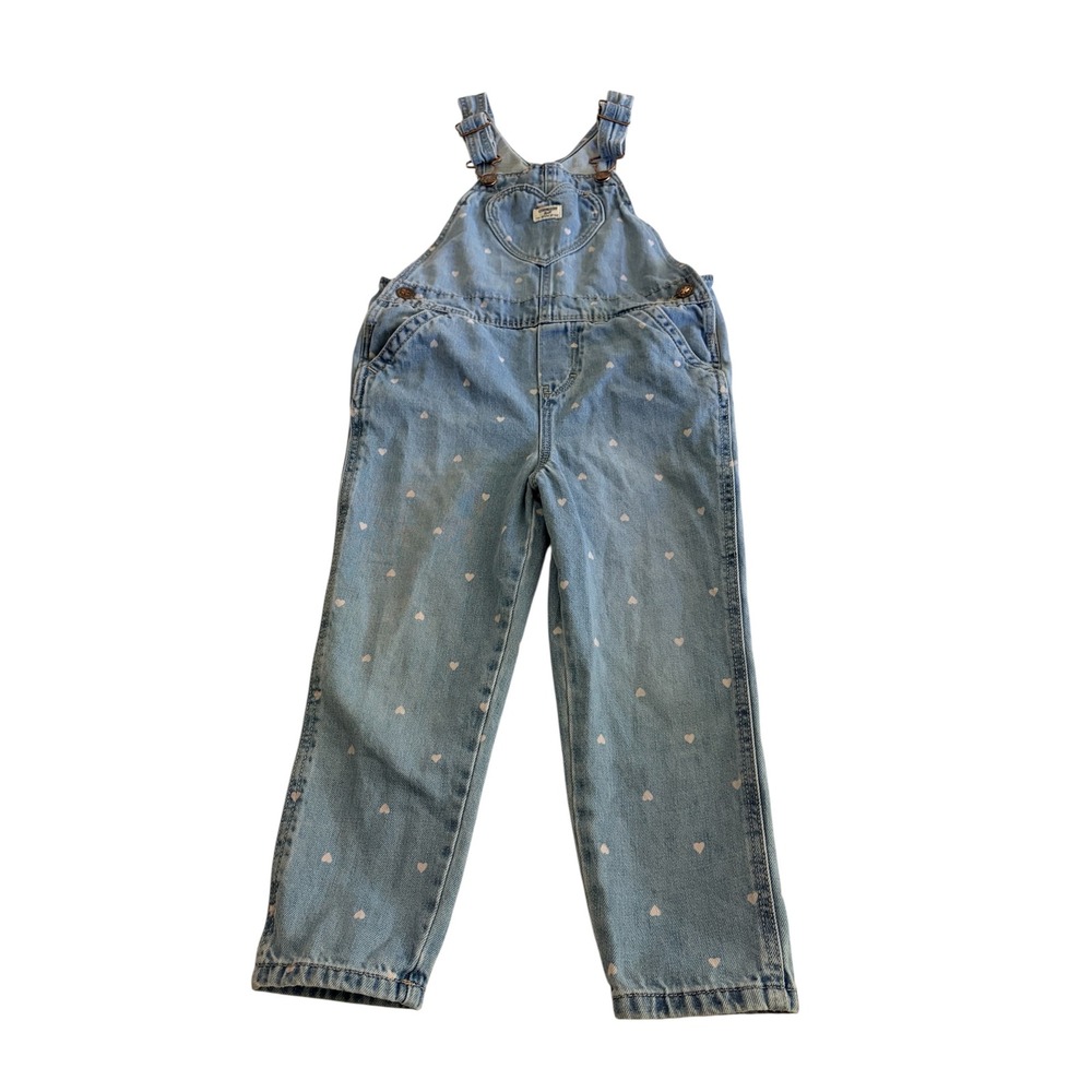 OshKosh Bgosh Girls 4T Blue Denim Heart Print Bib Overalls Heart‎ Pocket